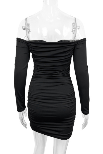Sexy slight stretch solid color one shoulder tight hollow pleated mini dress