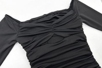 Sexy slight stretch solid color one shoulder tight hollow pleated mini dress