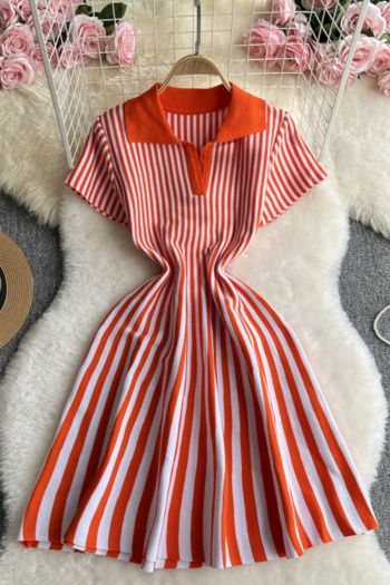 casual slight stretch 6 colors stripe pattern lapel mini dress