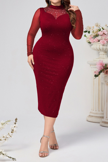elegant plus size slight stretch glitter spliced ​​long sleeves midi dress