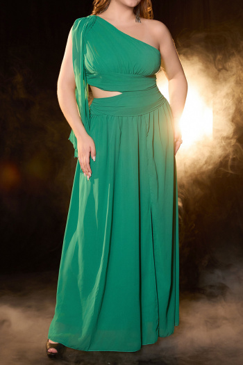 elegant plus size non-stretch solid color one-shoulder hollow slit maxi dress