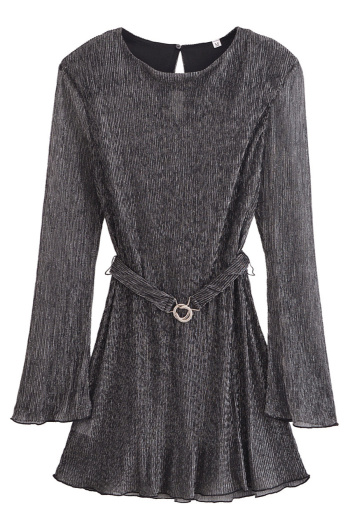 casual slight stretch crew neck sparkling with belt mini dress