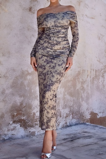 elegant slight stretch digital printing off shoulder long sleeve midi dress