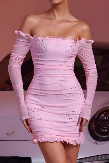 xs-l sexy slight stretch rhinestone decor off shoulder ruched bodycon mini dress