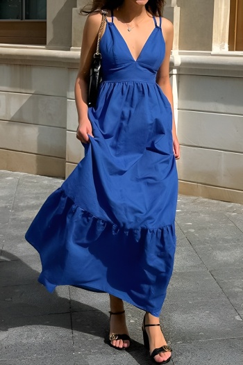 new non-stretch patchwork cotton and linen solid color suspender maxi dress