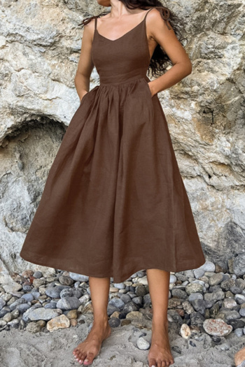 casual no-stretch patchwork cotton pockets 5-color suspender midi dress