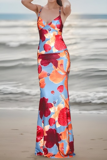 new slight stretch contrast color lace-up backless suspender maxi floral dress