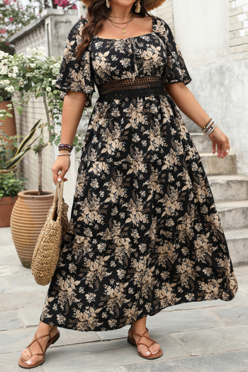 casual plus size non-stretch retro print short-sleeved maxi dress
