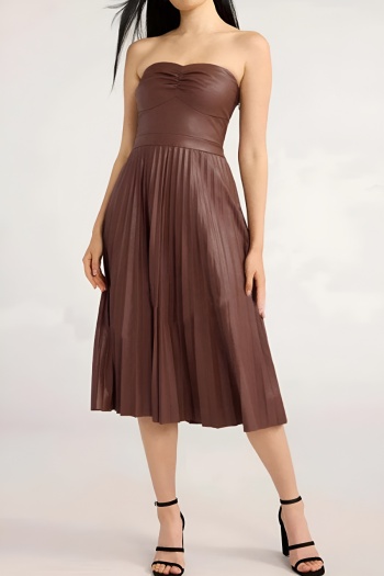 casual plus size slight stretch solid color pu tube top pleated midi dress