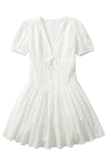 casual non-stretch solid color hollow embroidery short sleeve mini dress