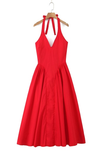 solid color sexy halter neck zip-up non-stretch maxi dress size run small