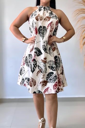 stylish slight stretch leaf printing sleeveless midi dress