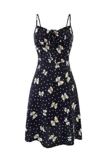 casual non-stretch bow batch printing sling mini dress(size run small)