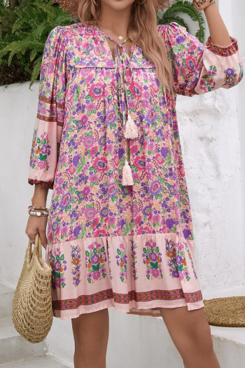 bohemian casual slight-stretch floral printing three-quarter sleeve mini dress