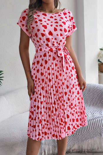 casual non-stretch heart-shaped print with belt pleated midi dress