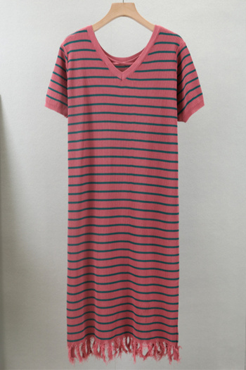 casual slight stretch striped tassel short sleeve loose knitted midi dress