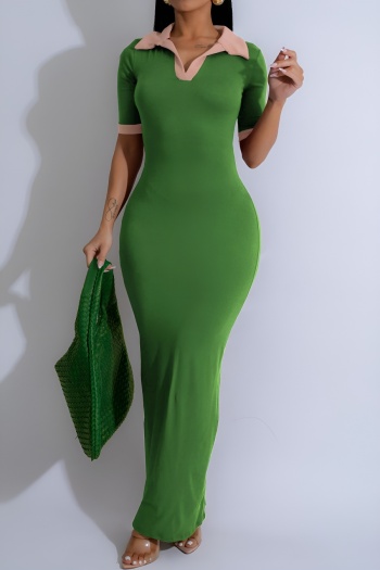 new plus-size patchwork 4-color polo collar short sleeves maxi dress