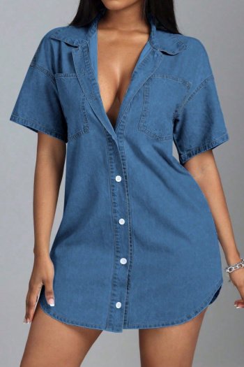 new plus-size non-stretch patchwork denim pockets loose short sleeves mini dress