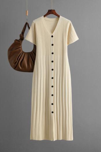 casual slight stretch 6-colors knitted single-breasted short-sleeved midi dress