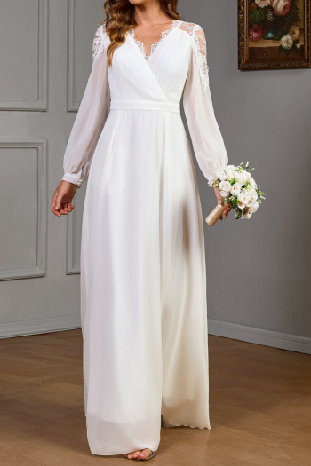 elegant non-stretch chiffon lace stitching long-sleeved maxi dress