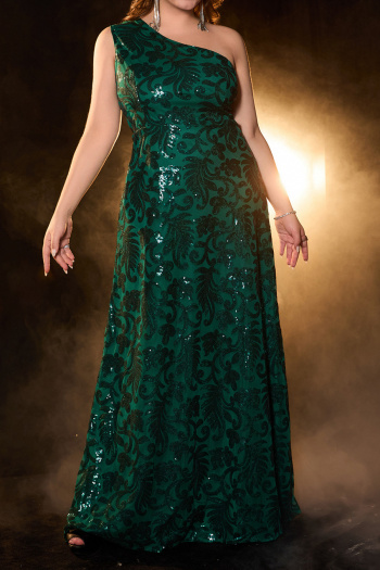 elegant plus size non-stretch one-shoulder sequined maxi evening dress