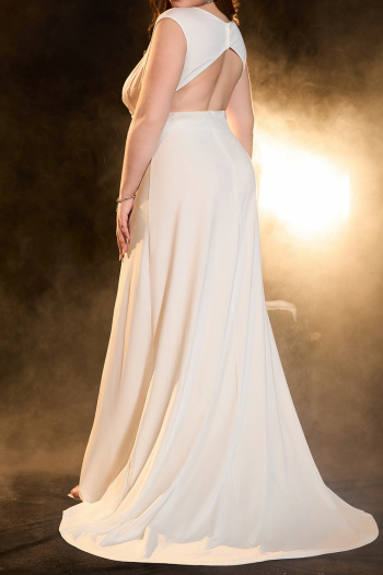 elegant plus size non-stretch solid color hollow backless slit maxi dress