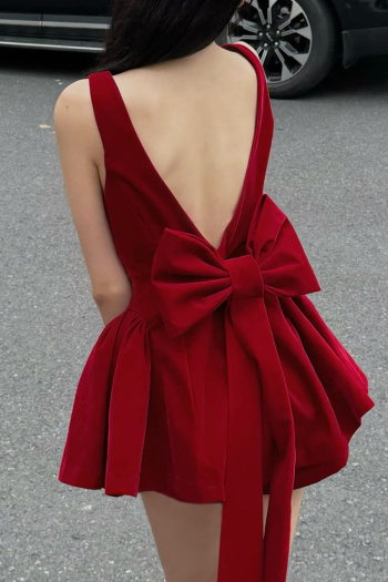 stylish non-stretch solid color backless removable bow decor mini dress