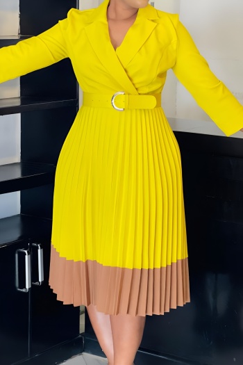 stylish plus size slight stretch color-block suit collar with belt midi dress