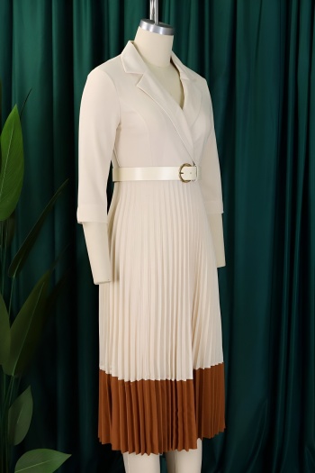 Stylish plus size slight stretch color-block suit collar with belt midi dress