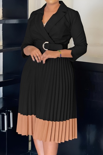 Stylish plus size slight stretch color-block suit collar with belt midi dress