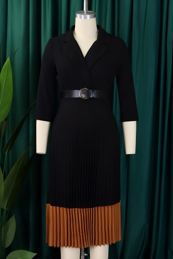 Stylish plus size slight stretch color-block suit collar with belt midi dress