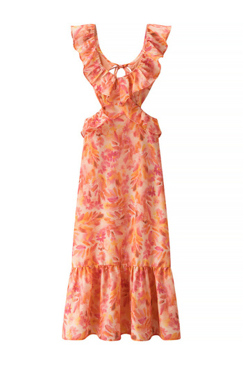 casual non-stretch flower batch printing hollow maxi dress