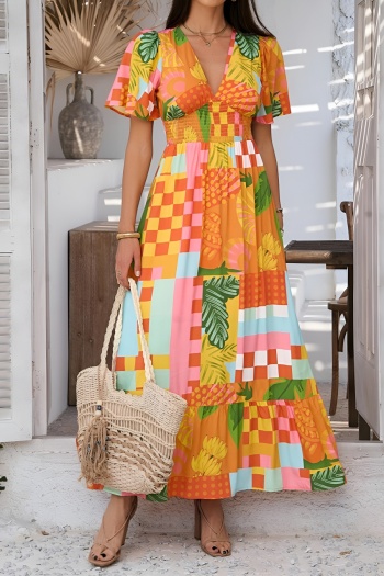 bohemian casual slight stretch fruit printing v-neck short sleeve maxi dress
