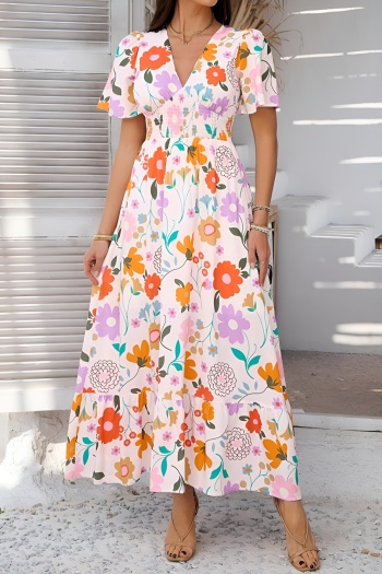 bohemian casual slight stretch floral printing v-neck short sleeve maxi dress