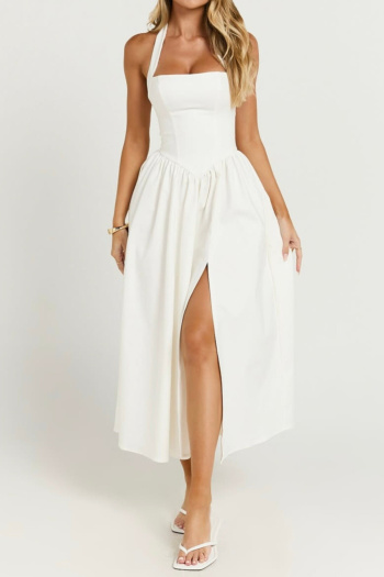 casual non-stretch solid color halter neck slit backless midi dress