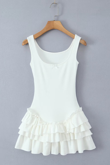 casual slight stretch solid color slim fit layered ruffle mini dress