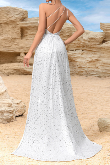 elegant non-stretch one-shoulder sequins high-slit backless slim maxi dress