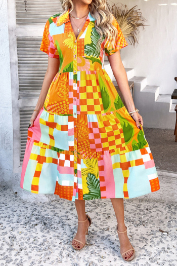 bohemian casual non-stretch fruit printing trundown collar midi dress