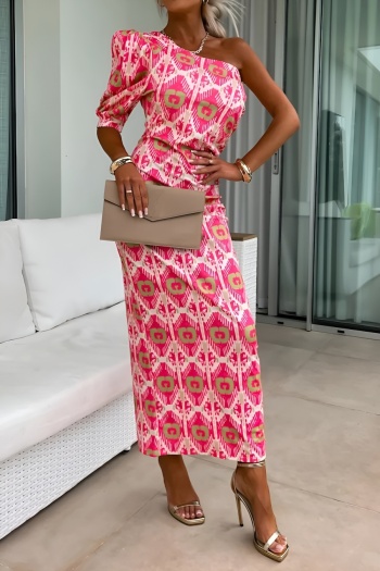 stylish plus size slight stretch digital printing one shoulder midi dress