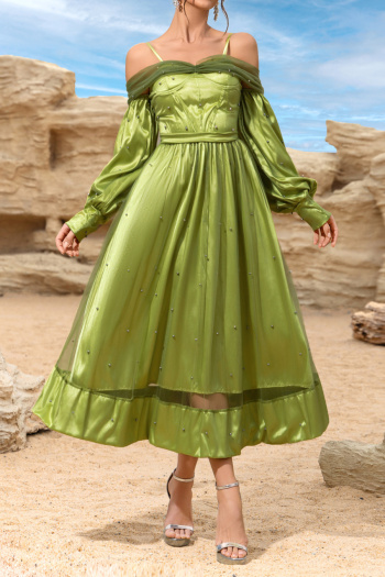 elegant non-stretch satin sling pearl decor with padded midi dress
