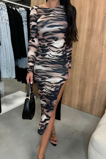 stylish plus size slight stretch zebra stripe print backless split midi dress#2#
