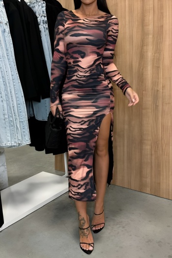 stylish plus size slight stretch zebra stripe print backless split midi dress#3#