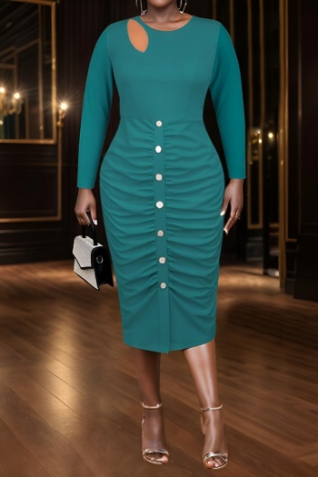stylish plus size slight stretch pure color button drcor midi dress