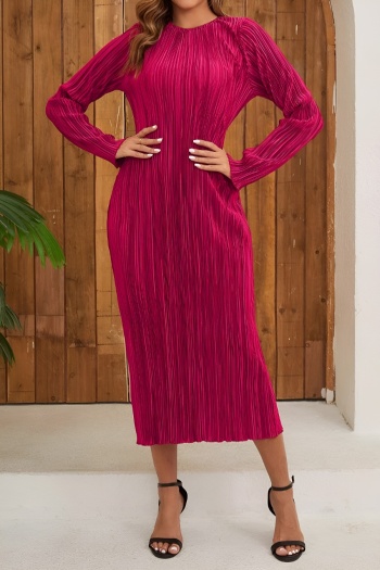 casual plus size slight stretch 3 colors long sleeve pleated midi dress(no belt)