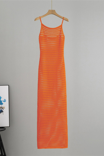 sexy slight stretch solid color sling slim fit knitted hollow maxi dress