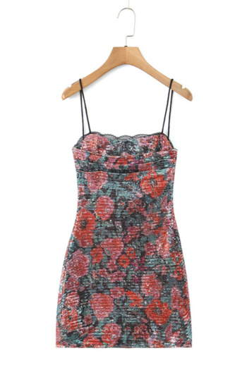 sexy non-stretch sequin decor flower batch printing mini dress