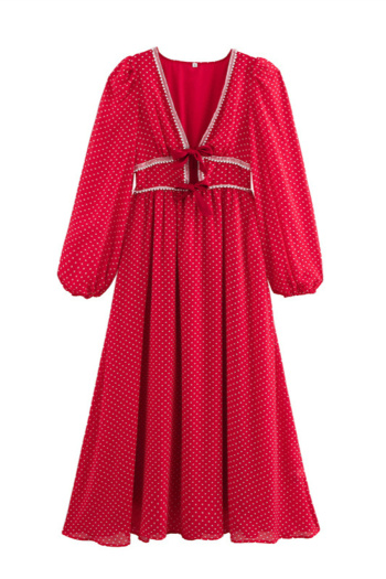 casual non-stretch v-neck dot batch printing bow-knot decor maxi dress