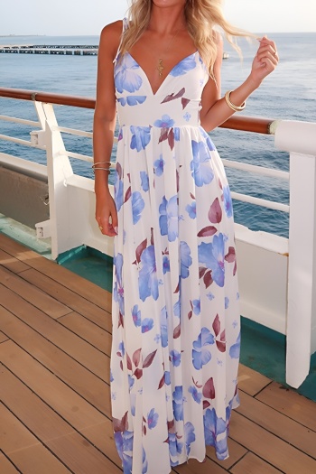 vacation slight stretch floral print tie-shoulder v-neck backless maxi dress