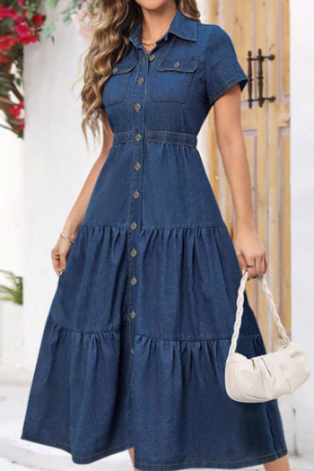casual plus size non-stretch simple solid color single-breasted denim midi dress