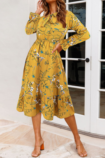 casual slight stretch patchwork batch printing long sleeve midi floral dress